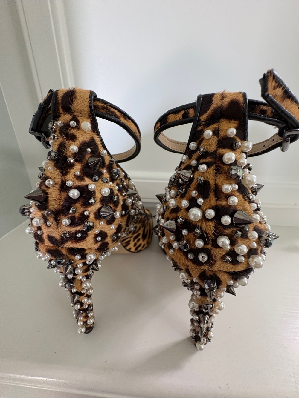 Gianni Bini Leopard Print Pearl-Embellished Ankle Strap Heels - Brown - Picture 2 of 5